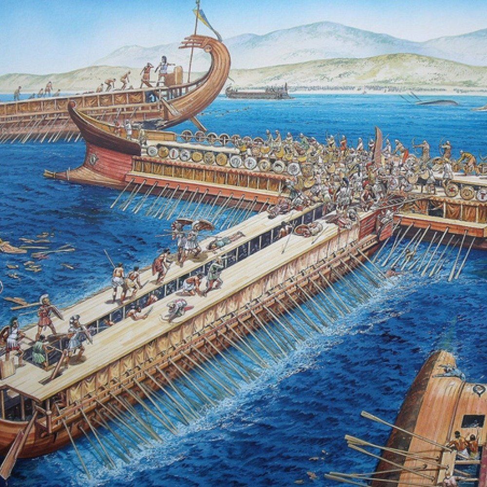 上图：萨拉米斯战役（Battle of Salamis）艺术想象图。主前480年，亚哈随鲁王远征希腊。在温泉关战役中，希腊重装步兵坚守了7天，斯巴达国王及300勇士战死。9月，兵力处于劣势的希腊联军诱使波斯舰队试图封锁狭窄的萨拉米斯海峡。庞大的波斯舰队在海峡内的狭窄水域后难以展开，被早已等待于此的希腊舰队一举击溃，成为第二次希波战争的战略转折点。