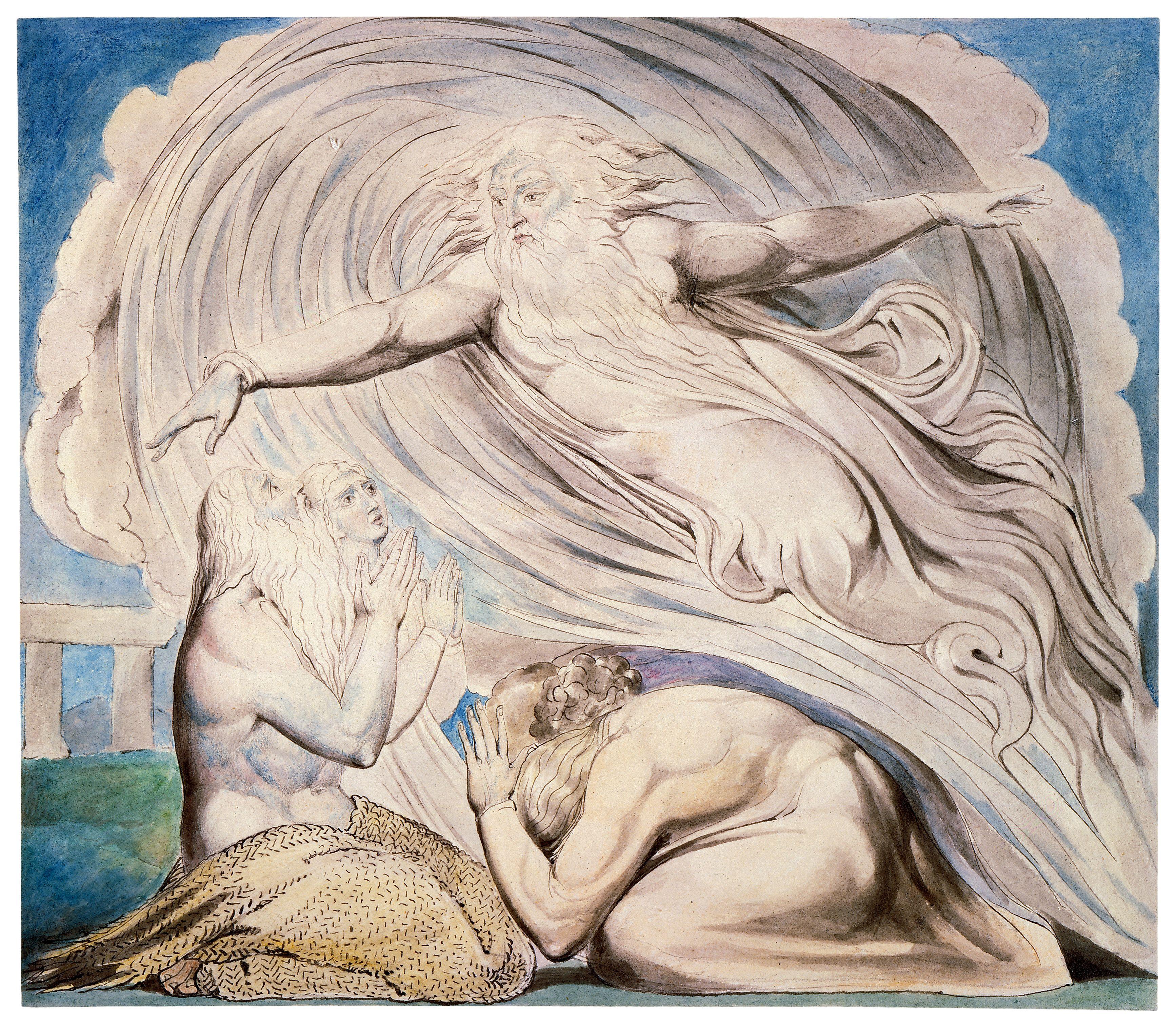 上图:英国诗人、画家威廉·布莱克(William Blake,1757-1827年)的版画《耶和华在旋风中回答约伯 The Lord Answering Job out of the Whirlwind》,描绘「那时,耶和华从旋风中回答约伯」(伯三十八1)。